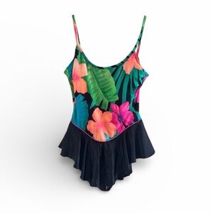 Vintage 90s Tropical Hibiscus Skirted One Piece Swimsuit Black Floral Size 6
